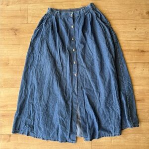 Vintage Denim Maxi Skirt USA Button Front High Rise Cottage Core Western L
